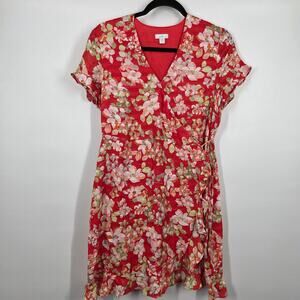 J Jill Womens SP Wrap Dress Red Floral Print Lined V Neck Cruise Resort Wear